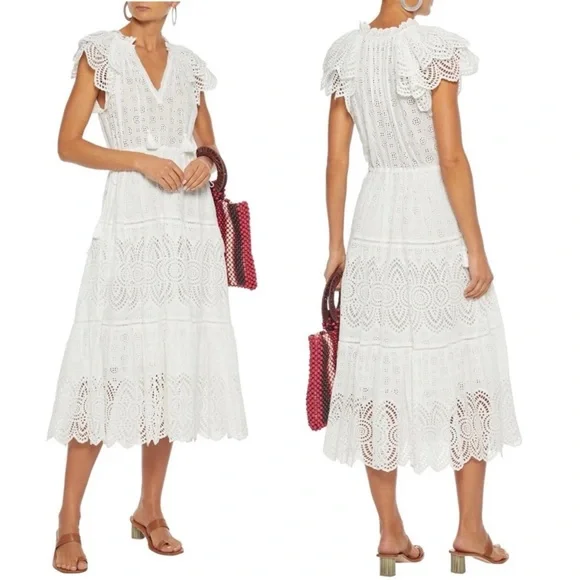 Ulla Johnson Gianna White Eyelet Midi Dress Size 0 XS Tiered Tasseled Boho Bride - Picture 2 of 16